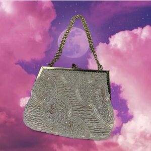 Y2K 90s Retro Floral Seed Bead Handbag Chain Clutch Pearl Purse Chic